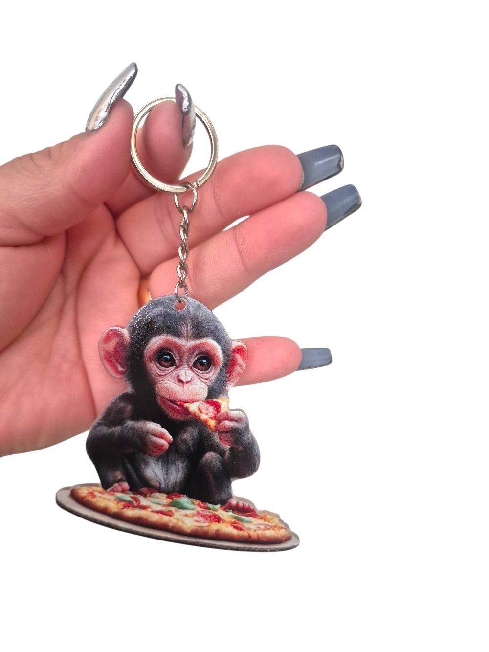 Cute Chimp Eating Pizza Keychain - Black & Pink Accent